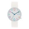 Reloj números-colores esfera blanca. Correa blanca, núm. multicolor