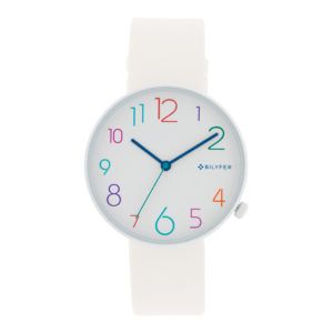 Reloj números-colores esfera blanca. Correa blanca, núm. multicolor