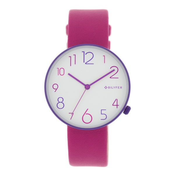 Reloj números-colores esfera blanca. Combinación rosa-morado