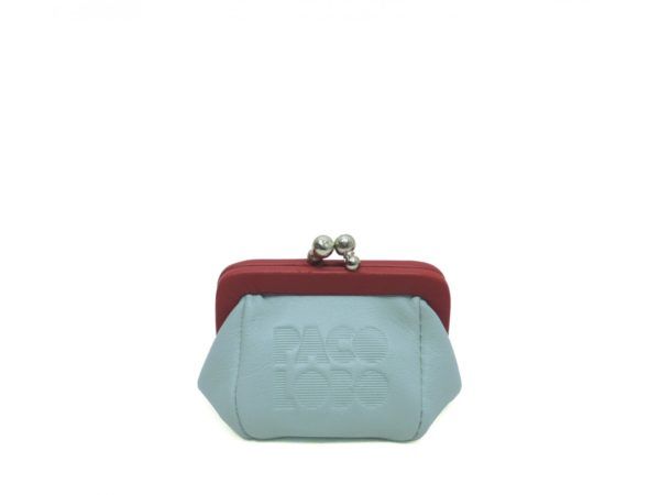 Mini monedero piel boquilla. Azulpastel-rojo