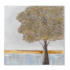 Cuadro de pintura sobre lienzo con paisaje y árbol. Árbol a la derecha