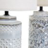 Lámpara de porcelana con pantalla cilíndrica. Vista de los dos pies diferentes