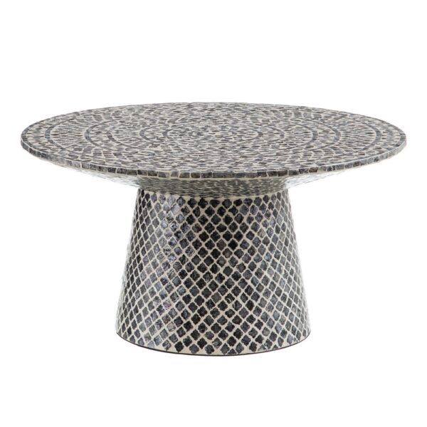 Mesa de centro con mosaico de nácar en gris y blanco. Vista lateral
