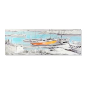 Impresión y pintura sobre lienzo marinero con barcas. Una barca naranja
