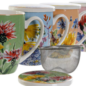 Mug de porcelana multicolor con filtro y tapa para infusiones. Varios colores