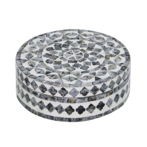 Caja redonda con mosaico de nácar en gris y blanco