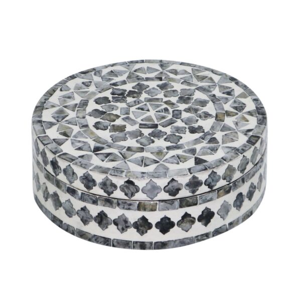 Caja redonda con mosaico de nácar en gris y blanco