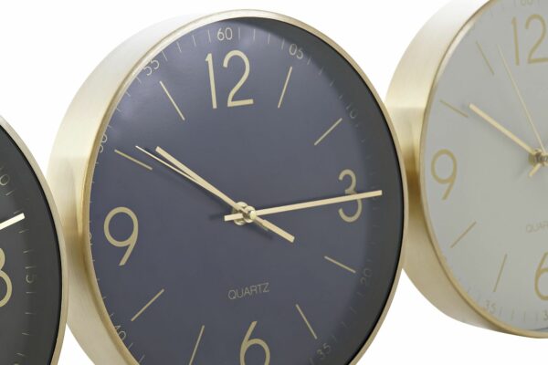 Reloj pared aluminio dorado y esfera de color. Detalle perfil