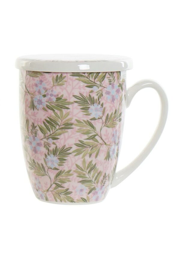 Mug de porcelana flores y hojas con filtro y tapa para infusiones. Rosa