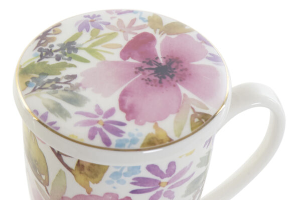 Mug de porcelana flores multicolor con filtro y tapa para infusiones. Vista desde arriba