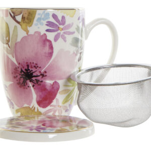 Mug de porcelana flores multicolor con filtro y tapa para infusiones. Vista de las piezas