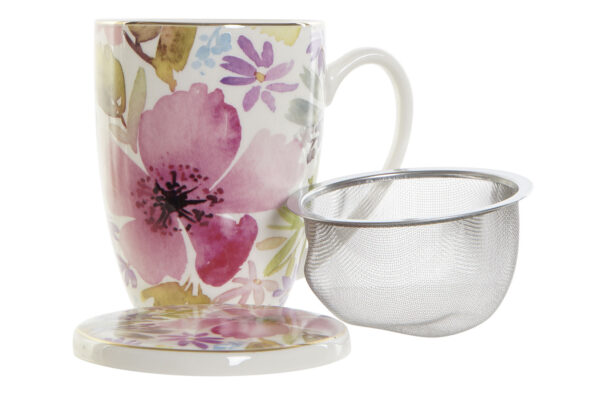 Mug de porcelana flores multicolor con filtro y tapa para infusiones. Vista de las piezas