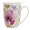 Mug de porcelana flores multicolor con filtro y tapa para infusiones. Vista lateral