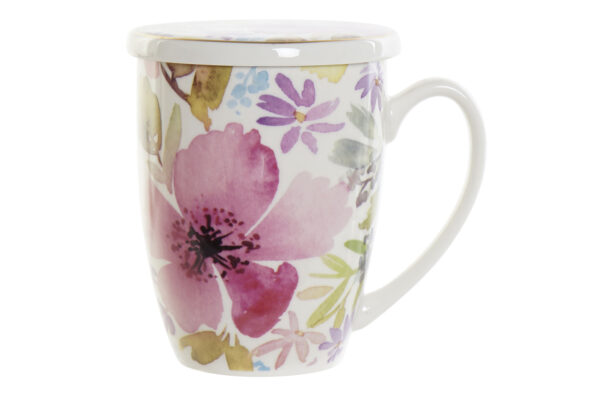 Mug de porcelana flores multicolor con filtro y tapa para infusiones. Vista lateral