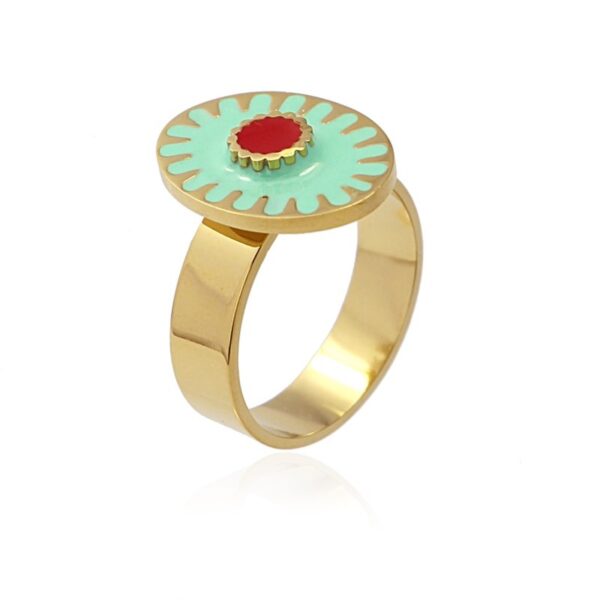 Anillo redondo con esmalte turquesa y rojo de Anartxy