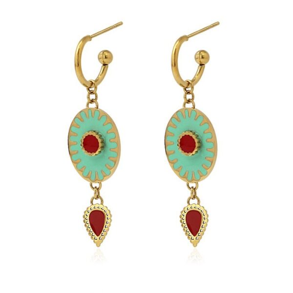 Pendientes aro pequeños con esmalte turquesa y rojo de Anartxy