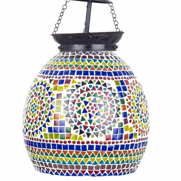 Lámpara de techo globo mosaico vidrios multicolor. Apagada