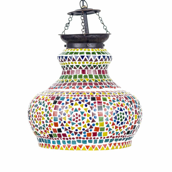 Lámpara de techo copa mosaico vidrios multicolor. Apagada