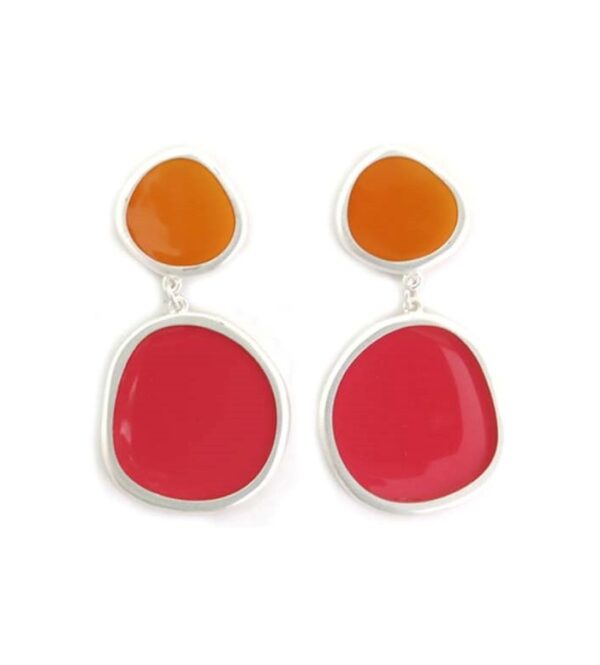 Pendientes colgantes grandes transparentes bicolor de tropic art. Naranja-fucsia