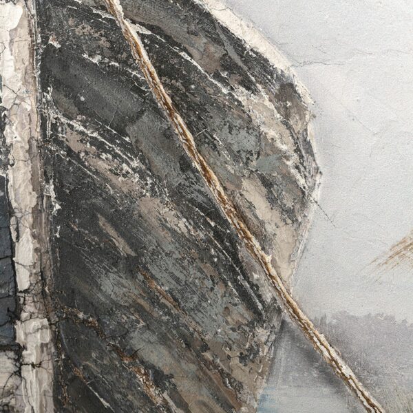 Pintura sobre lienzo técnica mixta con barca en playa. detalle de la cuerda y pintura