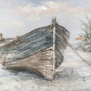 Pintura sobre lienzo técnica mixta con barca en playa