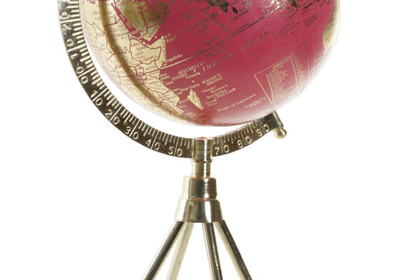 Globo terráqueo con trípode metálico. Detalle del trípode dorado para el globo rosa