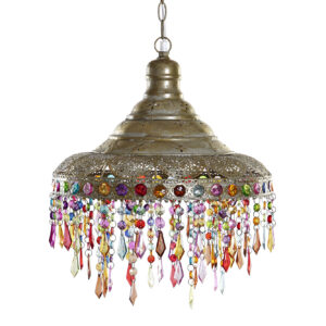 Lámpara de techo tipo campana con colgantes multicolor. Apagada