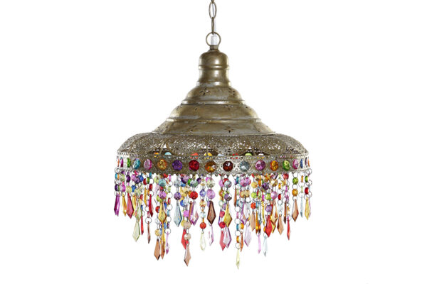 Lámpara de techo tipo campana con colgantes multicolor. Apagada