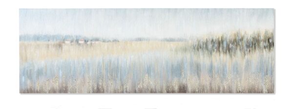 Cuadro lienzo lago abstracto de 150 por 50 cms. Con casas