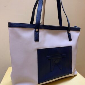 Bolso shopping grande en beige con bolsillo frontal. Beige-azul