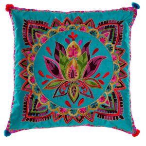 Cojin y funda multicolor con mandala y flor de loto. Turquesa