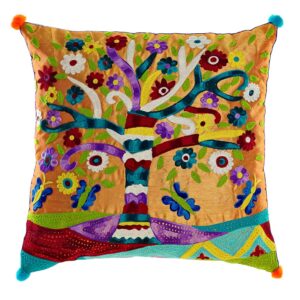 Cojin y funda multicolor con árbol y montaña. Amarillo