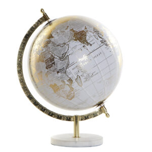 Globo terráqueo blanco y dorado con base de mármol