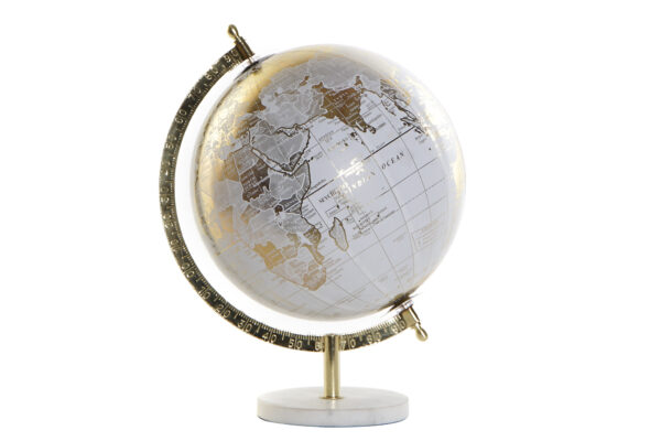 Globo terráqueo blanco y dorado con base de mármol