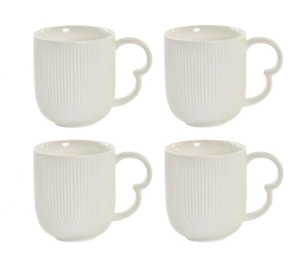 Juego de cuatro tazas porcelana blanca con soporte bambú. Vista de las tazas