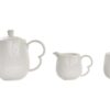 Juego de tres piezas de porcelana blanca y soporte para té o café. Vista por separado de las tres piezas