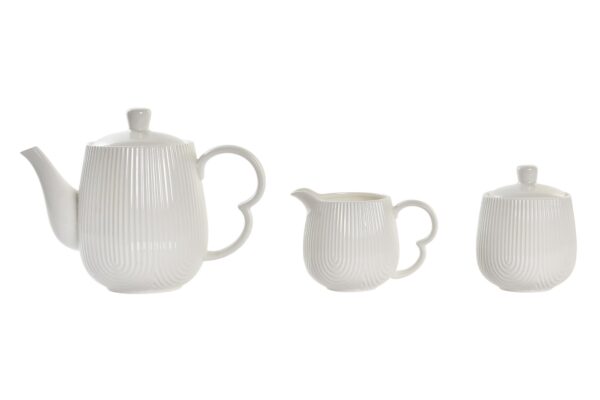 Juego de tres piezas de porcelana blanca y soporte para té o café. Vista por separado de las tres piezas