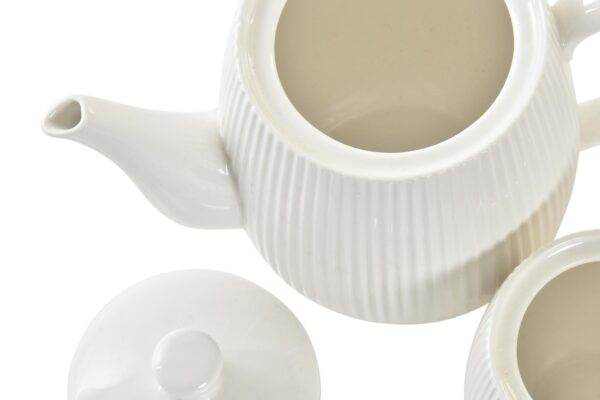 Juego de tres piezas de porcelana blanca y soporte para té o café. Otra vista