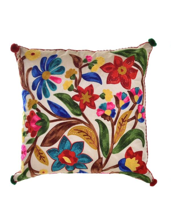 Cojín y funda bordado corazones o flores multicolor. Flores